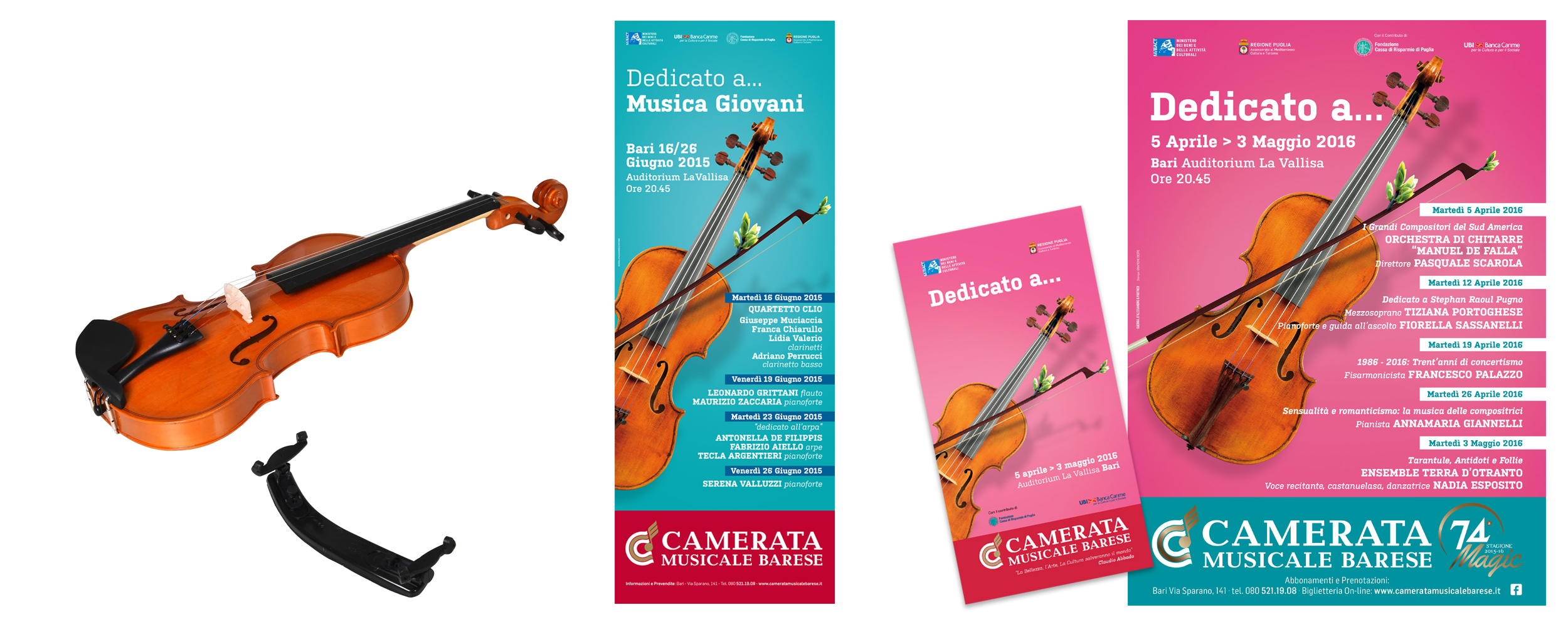 tre poster di camerata musicale col visual di un violino e gli eventi del 2016