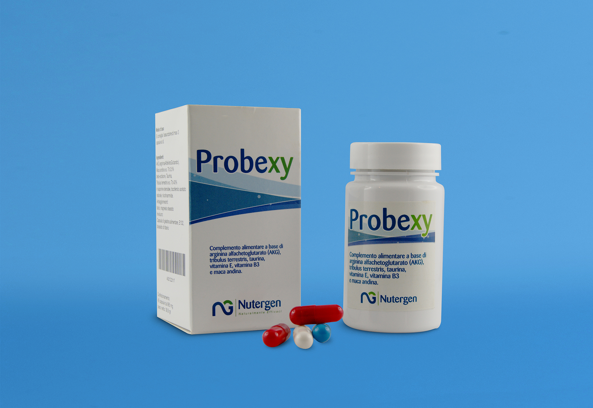 Confezione di Nutergen Probexy in flacone e pillole sfuse su sfondo azzurro